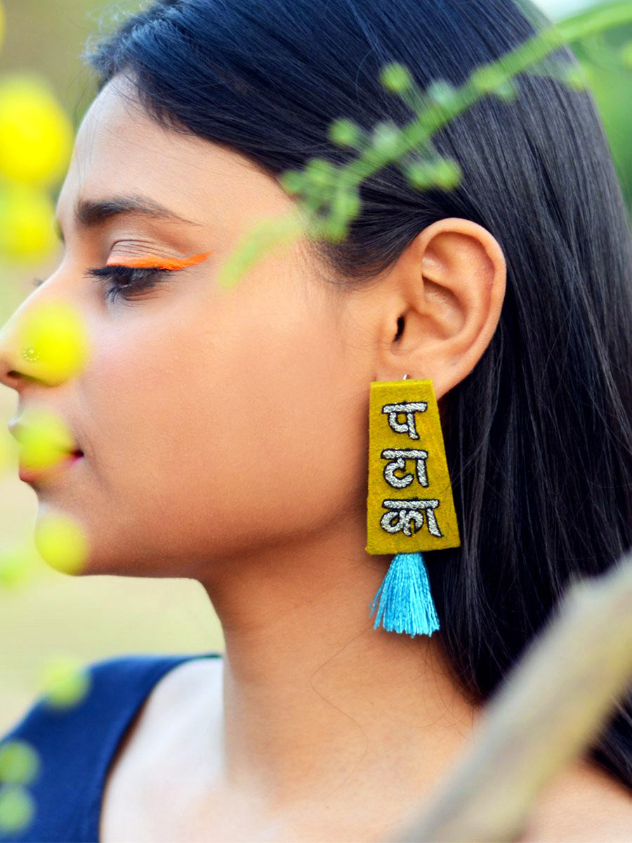 Pataka Embroidered Earrings, a beautifully hand-embroidered earring from our designer collection of quirky, boho, Kundan and tassel earrings for women online.