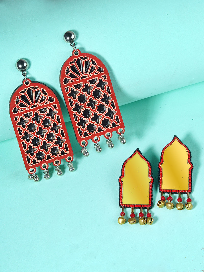 Darpan Mirror Hand-painted + Aaina Bead Ghungroo Earrings (Set of 2)