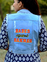 Babes against Bakwas Sasswati Denim Jacket, a hand embroidered blue denim jacket from our latest designer collection of boho denim jackets for women online.