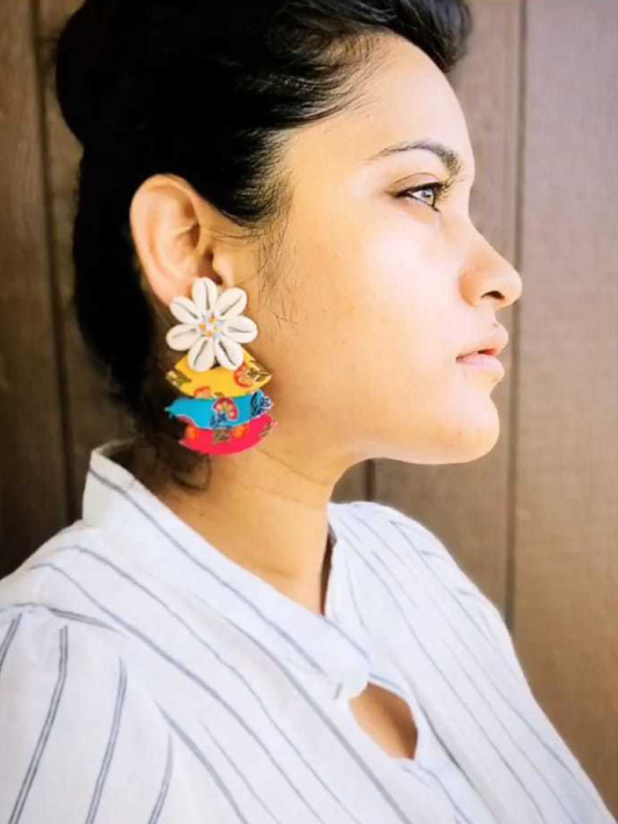 Rainbow Shell Earrings, a chic hand embroidered shell earrings with mirror detailing from our quirky designer collection of earrings for women online.