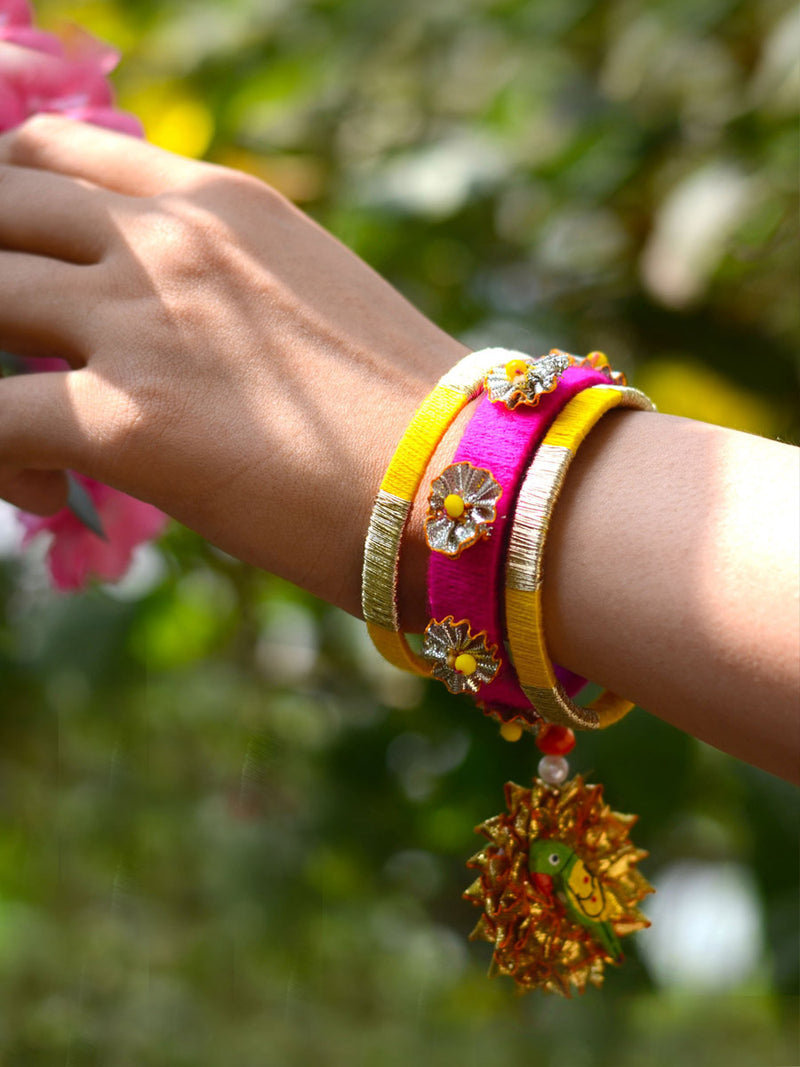 Parrot Charm Gota Bangles, beautifully handmade gota bangles with bead and parrot detailing from our latest collection of wedding themed bangles for women online.