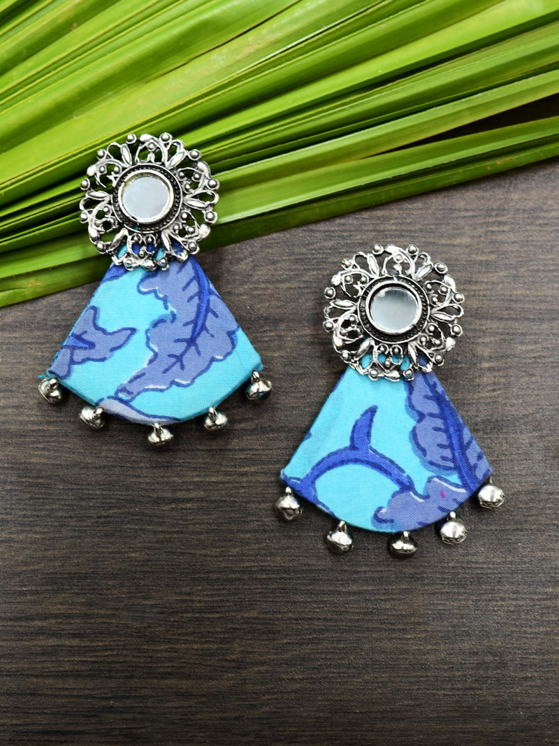 Azma Ghungroo Earrings, a beautiful silver ethnic jhumka detailed with hand embroidered mirror rings from our designer collection of earrings for women online.