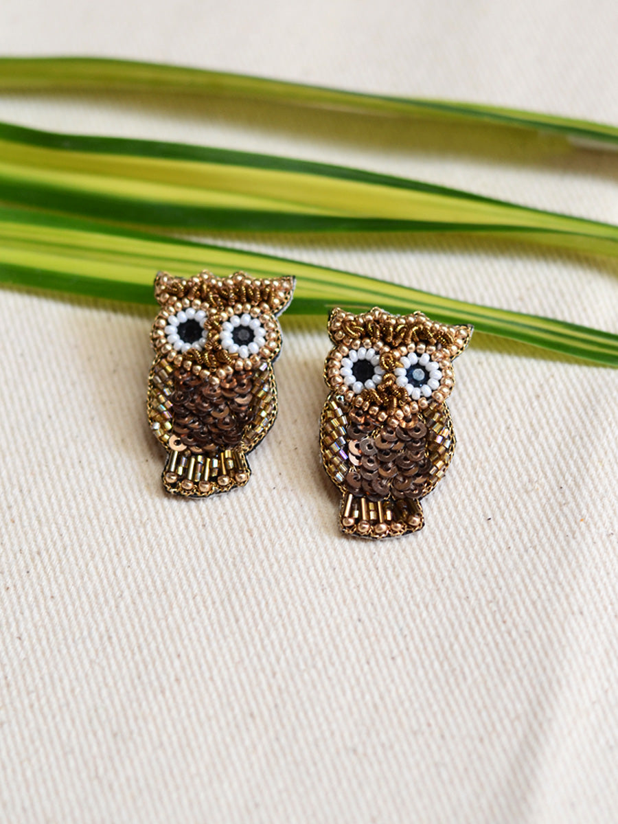 Owl Sequin Earrings, a beautifully hand-embroidered earring from our designer collection of quirky, boho, Kundan and tassel earrings for women online.