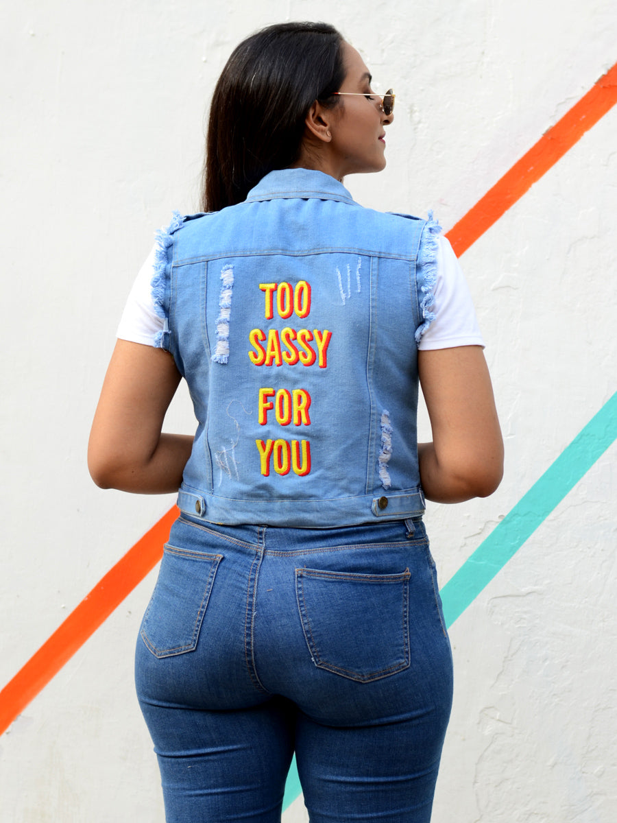Too Sassy For You Sasswati Denim Jacket, a hand embroidered blue denim jacket from our designer collection of boho denim jackets for women.