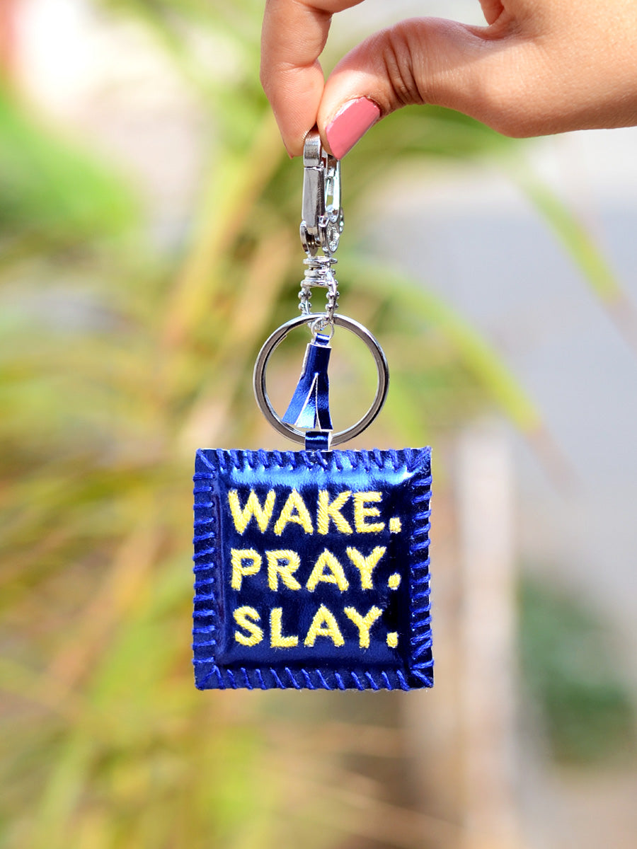 Wake Pray Slay Keychain Bagcharm, a unique handcrafted keychain bag charm from our designer collection of hand embroidered statement keychain and bag charms online.