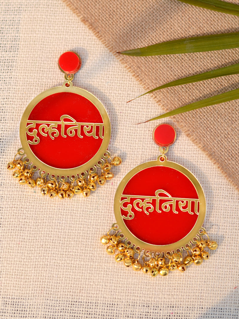 Dulhania Earrings, a quirky, unique, statement party-wear earrings from our designer collection of wedding themed earrings for women online.