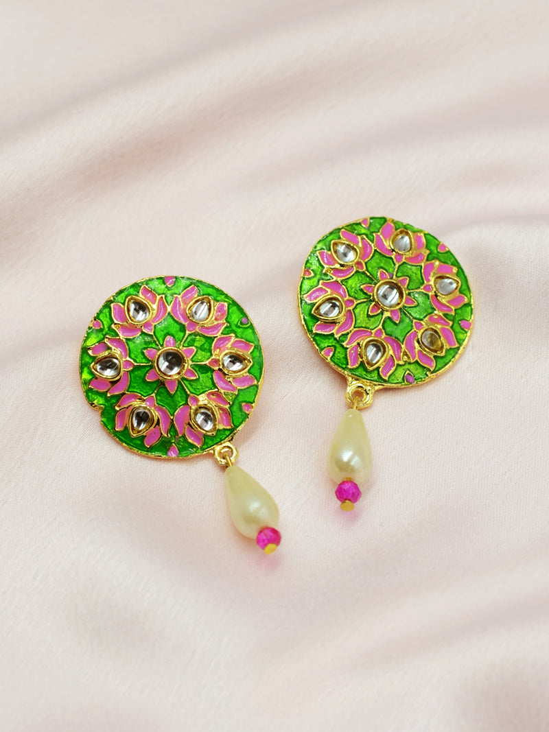 Bollywood Celebrity Inspired Pink Colored Pearl Meenakari Long Earring |  Bollywood Celebrity Earrings | 3d-mon.com