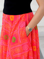 Akira Bandhej Skirt, a hand embroidered designer skirt from our latest collection of handmade skirts for women online. 