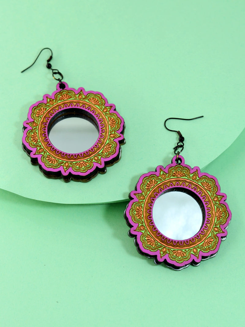 Charmer Mirror Earrings, an artistic hand painted statement earrings from our designer collection of hand embroidered earrings for women online.
