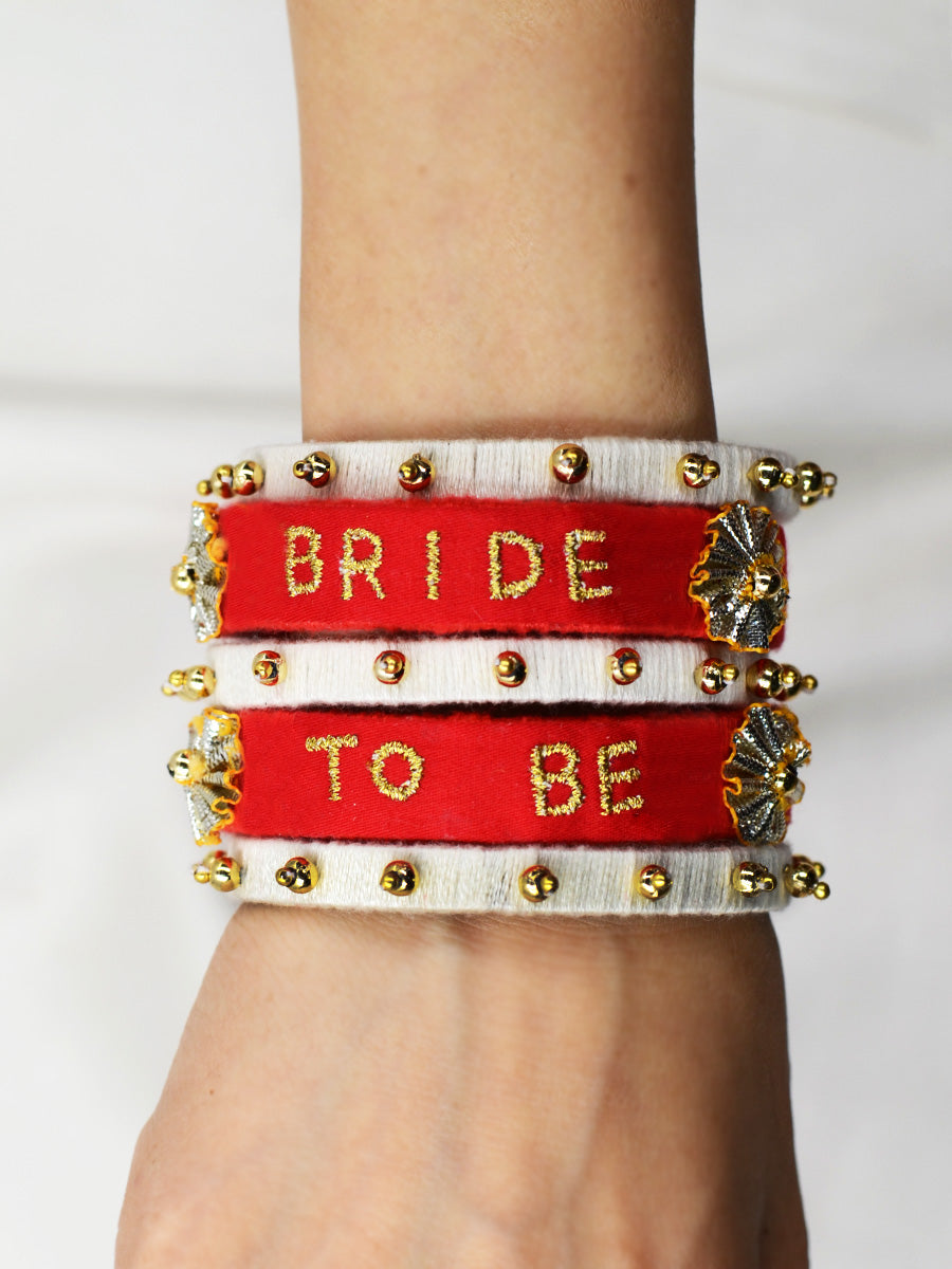 Bride to be Embroidered Bangles, a quirky, handcrafted statement bangle from our collection of hand embroidered wedding themed bangles online for women.