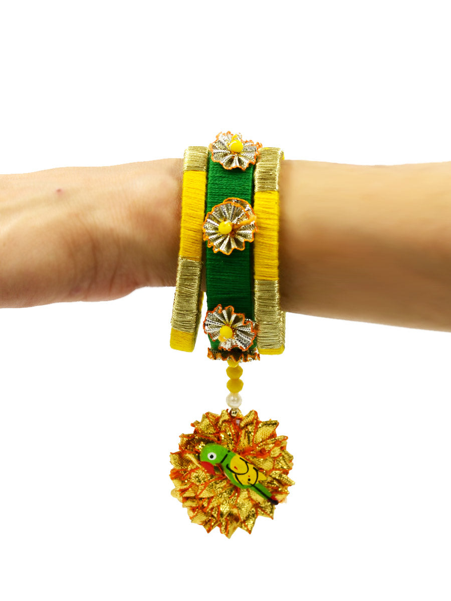 Parrot Charm Gota Bangles, beautifully handmade gota bangles with bead and parrot detailing from our latest collection of wedding themed bangles for women.