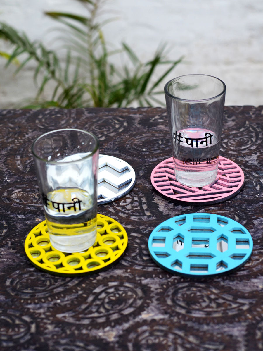 Wooden Coasters (Set Of 4), bright coloured jaali-work coasters with a mirror base from our collection of quirky bohemian home decor products online.