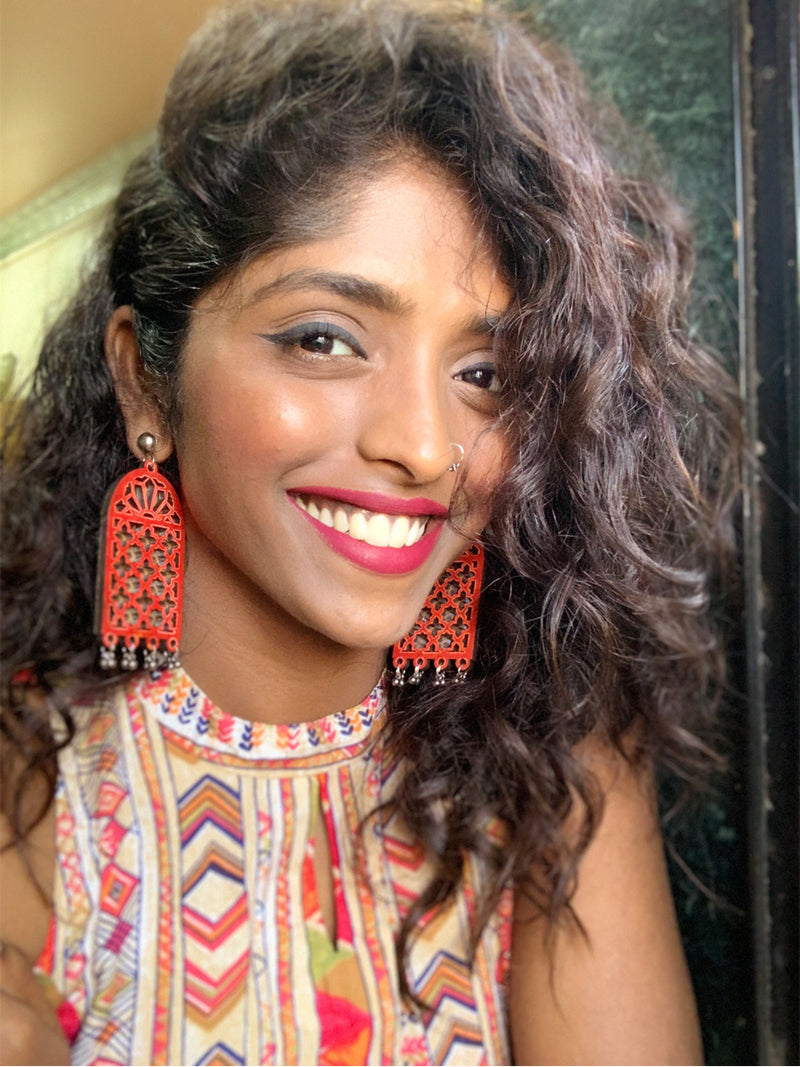 Darpan Mirror Hand-painted Earrings, a hand painted designer earring with mirror and ghungroos from our designer collection of quirky, handmade earrings for women.