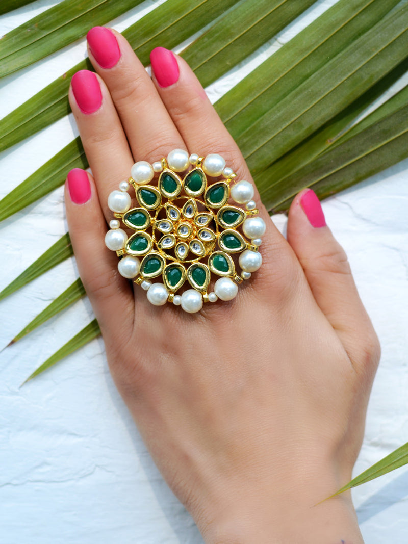 Damini Kundan Ring, one of our unique pearl kundan rings from our designer collection of rings for girls online.