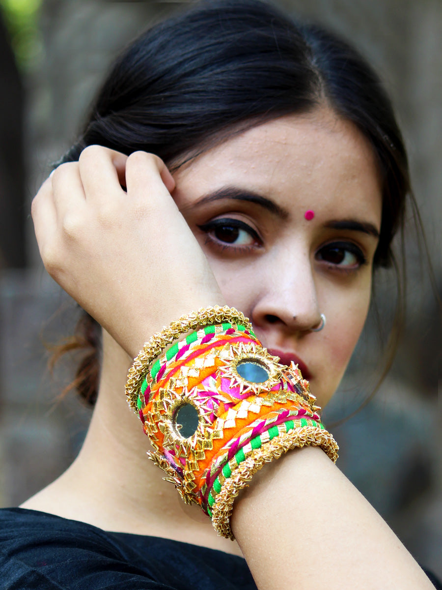 Nargis Gota Bangles (Orange-Green), a unique designer, handcrafted bangle from our latest wedding collection of hand embroidered, kundan, gota, zari and pearl bangles for women online.