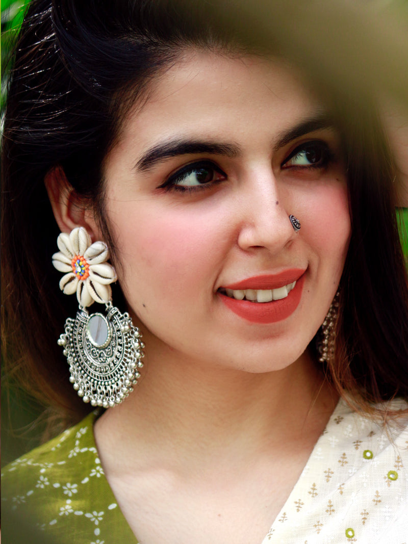 Kauri Flower Earrings, a beautifully hand-embroidered earring from our designer collection of quirky, boho, Kundan and tassel earrings for women online.