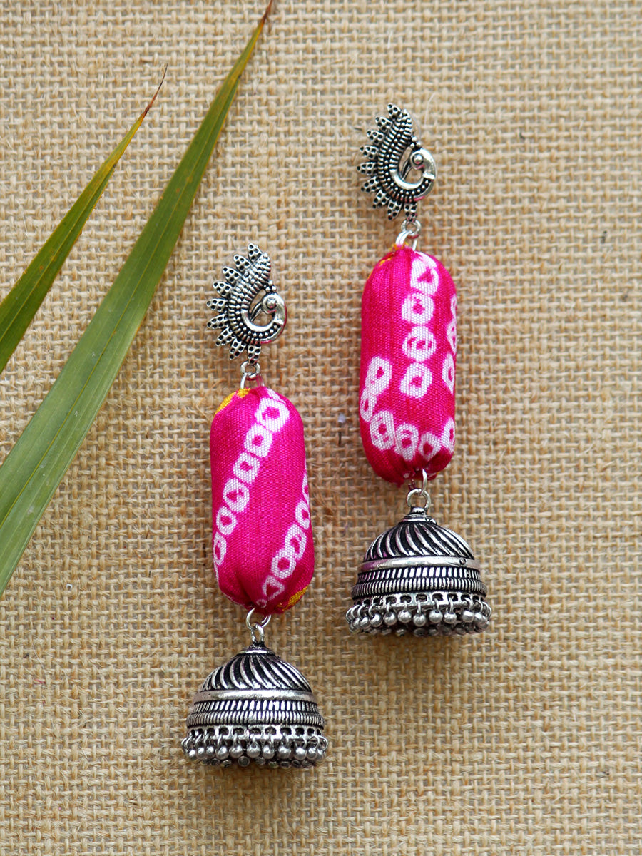 Bandhej Jhumka, a gorgeous Indian bohemian ethnic earring jhumka with peacock detail from our designer collection of earrings and jhumkas for women online.