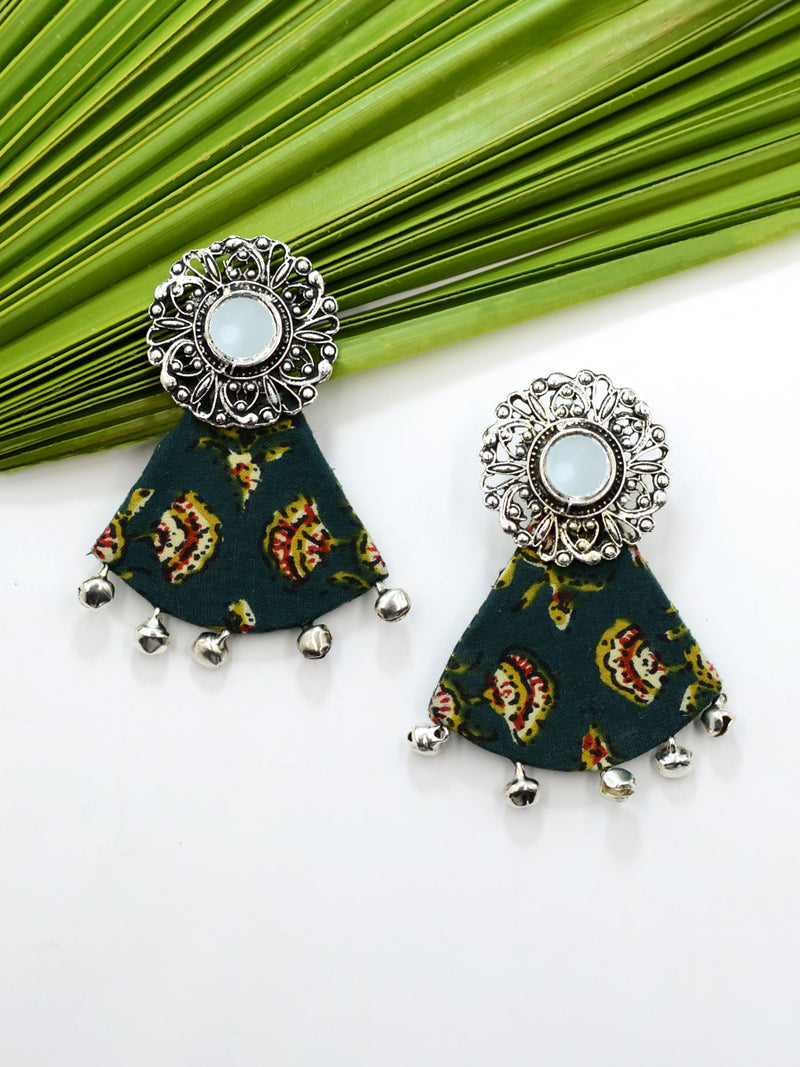 Azma Ghungroo Earrings, a beautiful silver ethnic jhumka detailed with hand embroidered mirror rings from our designer collection of earrings for women online.