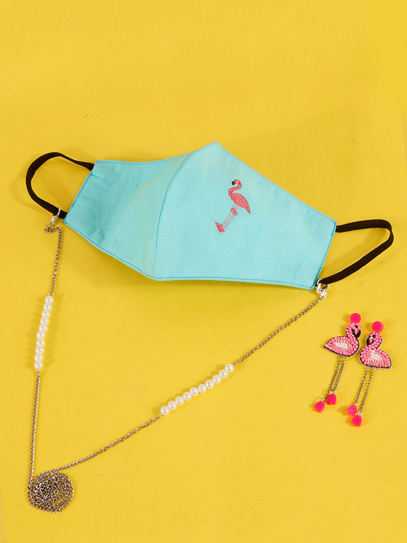 Embroidered Tropical Mask with Chain + Flamingo Bead Earrings Set