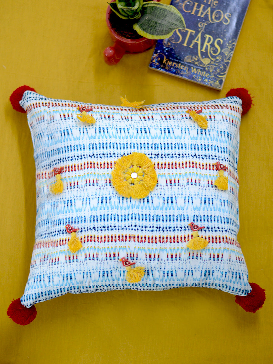 Harmony Cushion Cover, a unique hand embroidered cotton cushion cover with pom pom and tassel detailing from our wide range of quirky, bohemian home decor products like ethnic cushion covers, thread art and more.