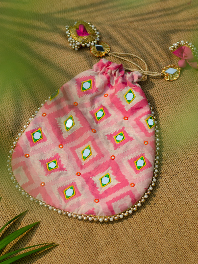Rani Ikat Mirror Embroidered Potli Bag