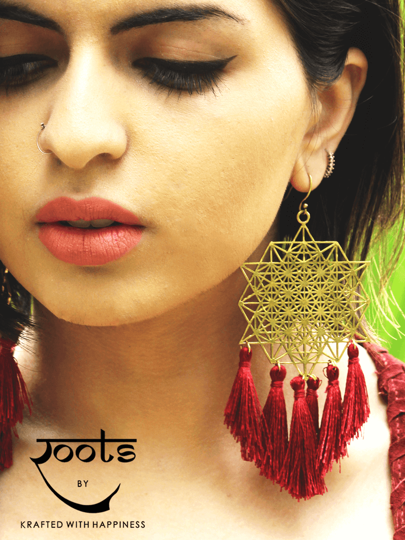 Koena Tassel Earrings, a beautiful handmade hand embroidered earring with tassel from our designer collection of earrings for women.