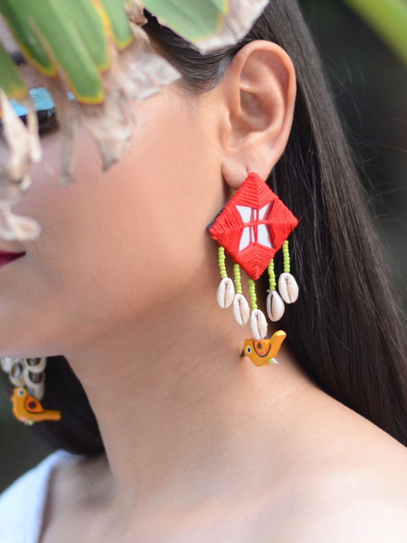 Zahira Mirror Embroidered Bird Earrings, an embroidered mirror earring with beads and shell from our quirky designer collection of earrings for women online.