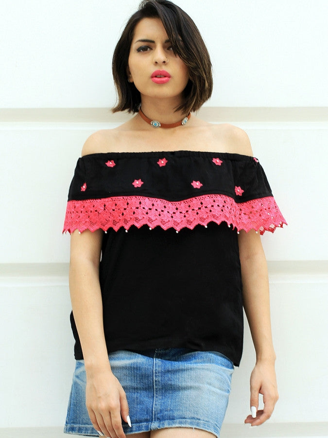 Aanya Off-Shoulder Top, a quirky boho bell sleeves top with pearl and crochet detail from our designer collection of tops for women online.