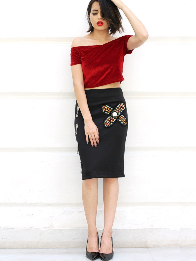 Siya Coin Embellished Pencil Skirt, a hand embroidered designer skirt with mirror detailing from our latest collection of handmade skirts for women. 