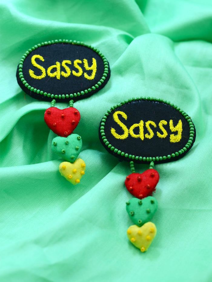Sassy Embroidered Earrings, an embroidered earring with beads from our designer collection of earrings for women.