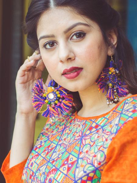 Tiny You're my Sun Earrings, a beautiful handmade hand embroidered earring with mirror and tassel from our designer collection of earrings for women online.