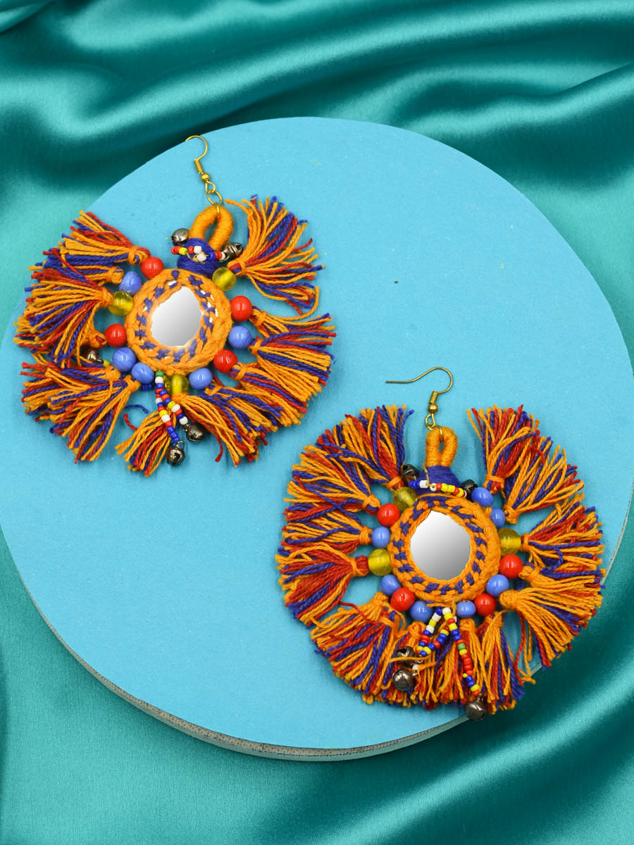 Tiny You're my Sun Earrings, a beautiful handmade hand embroidered earring with mirror and tassel from our designer collection of earrings for women.