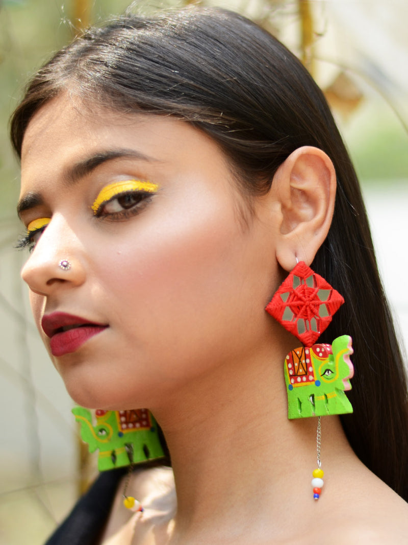 Tribal Elephant Hand-painted Hand-embroidered Earrings, an indo-western mirror earring from our handmade collection of earrings for women online.