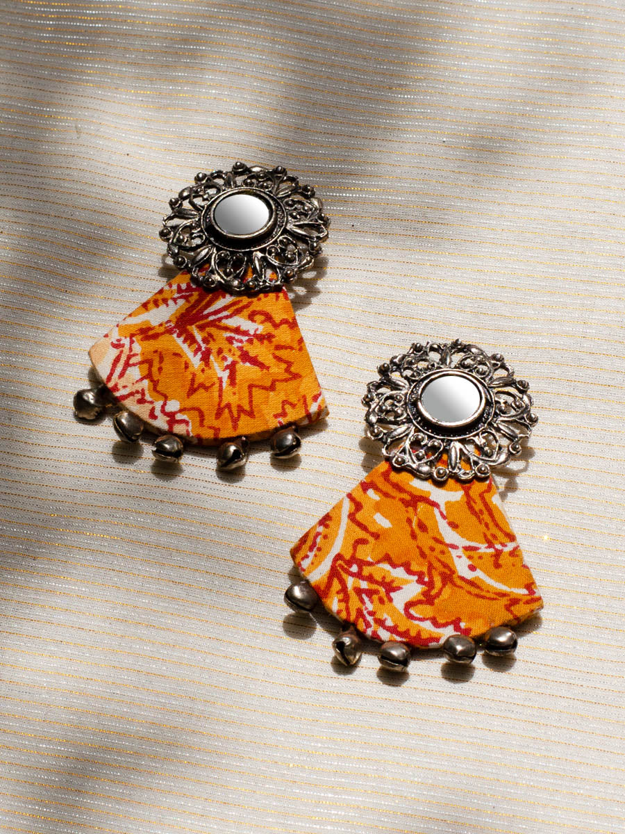 Azma Ghungroo Earrings, a beautiful silver ethnic jhumka detailed with hand embroidered mirror rings from our designer collection of earrings for women.