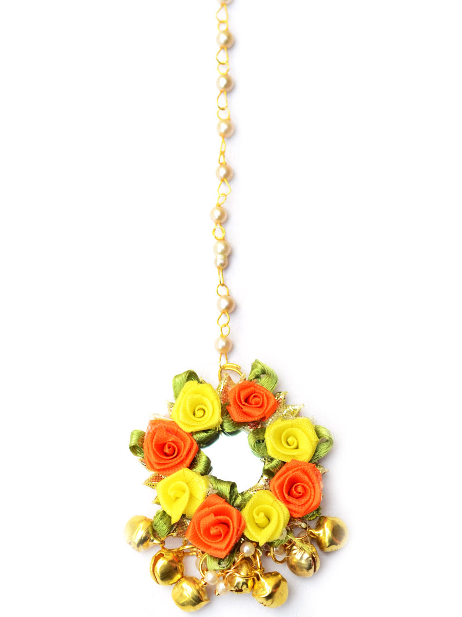 Flower Power Maang Teeka (Orange-Yellow), a contemporary, handcrafted maang tikka from our gota patti collection of maang tikkas with floral and ghungroo detailing for women online.