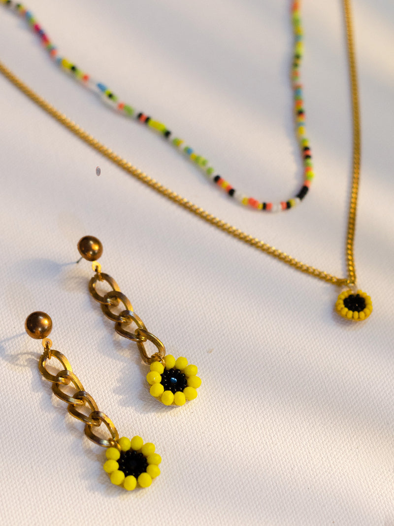 Sunflower Earrings + Beaded Chain Necklace Combo Set