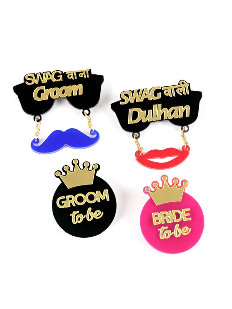 Swag wala Groom + Swag wali Dulhan + Groom To Be + Bride To Be Brooch Set of 4